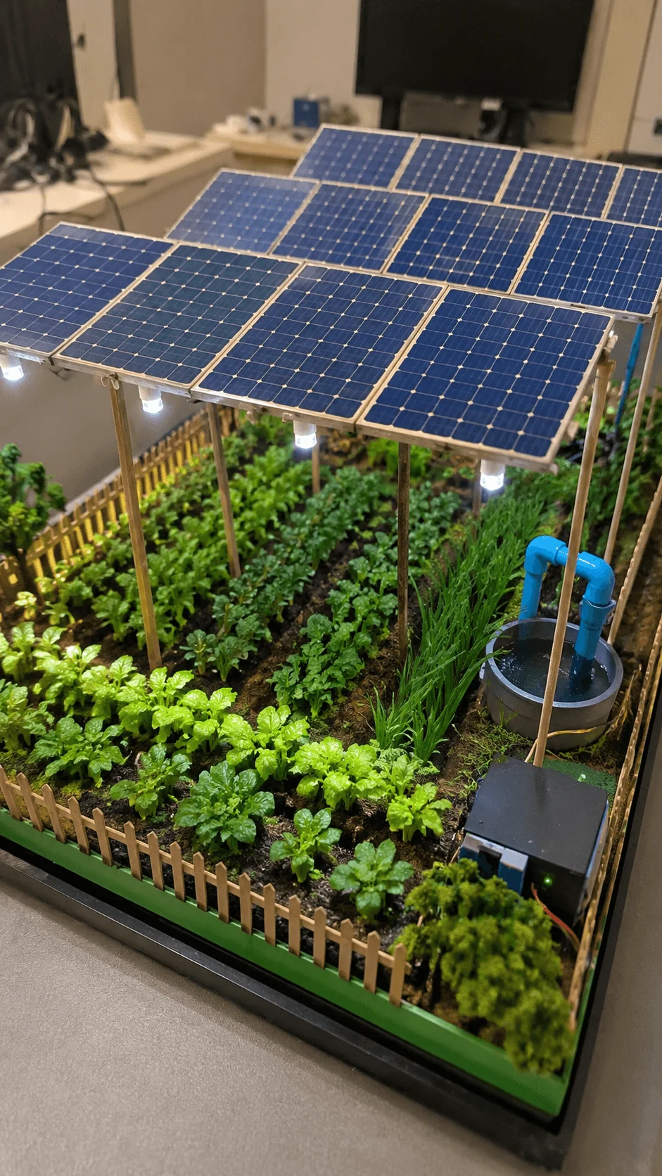 Agrivoltaics model for sustainable farming showing solar panels installed above green crops with integrated renewable energy generation irrigation system and smart agricultural design