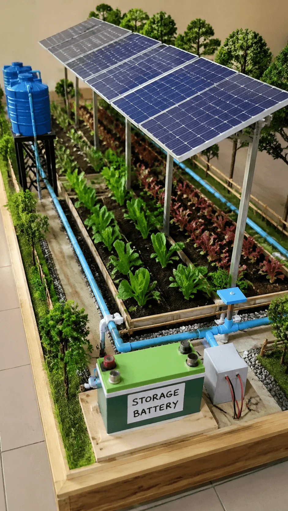 Agrivoltaics model showing solar panels installed above crop fields with irrigation systems, storage battery, water tank, green plants, and renewable energy integrated with sustainable farming