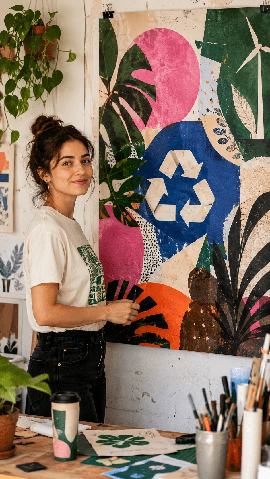 Eco friendly poster design workspace with artist creating a colourful sustainability collage featuring recycling symbol renewable energy plants and bold abstract environmental artwork
