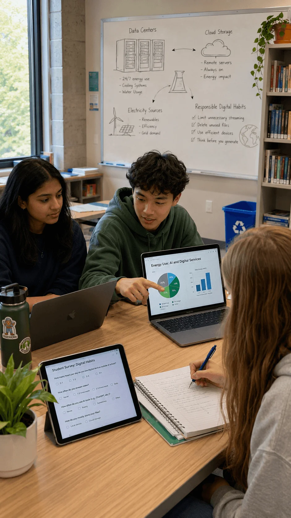 High school students investigating artificial intelligence energy use and responsible digital sustainability practices in a classroom discussion