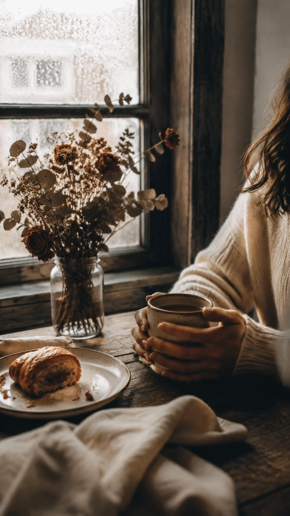 Cozy sustainable lifestyle scene with natural window light, handmade ceramic cup, dried flowers, and warm rustic textures creating an authentic aesthetic atmosphere