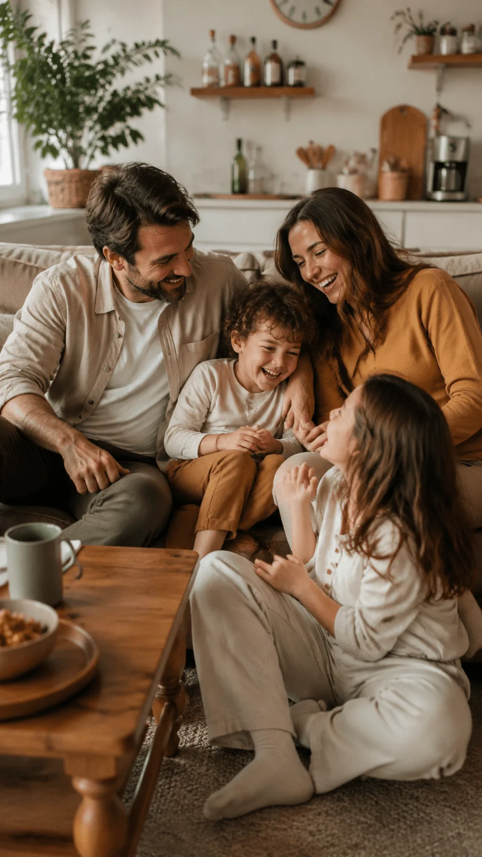Authentic lifestyle storytelling photography showing a family sharing genuine laughter and emotional moments together in a warm home environment with natural expressions and cozy surroundings