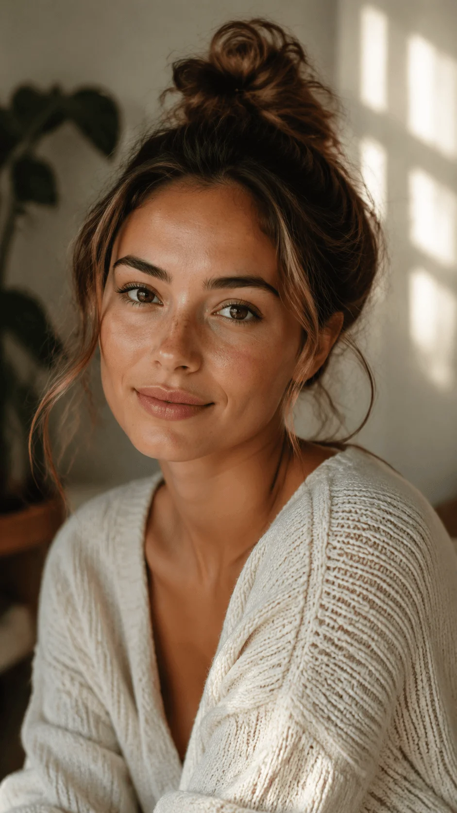 Portrait of a woman with natural skin tones and realistic facial details in soft window light with a warm minimal background and authentic photography style