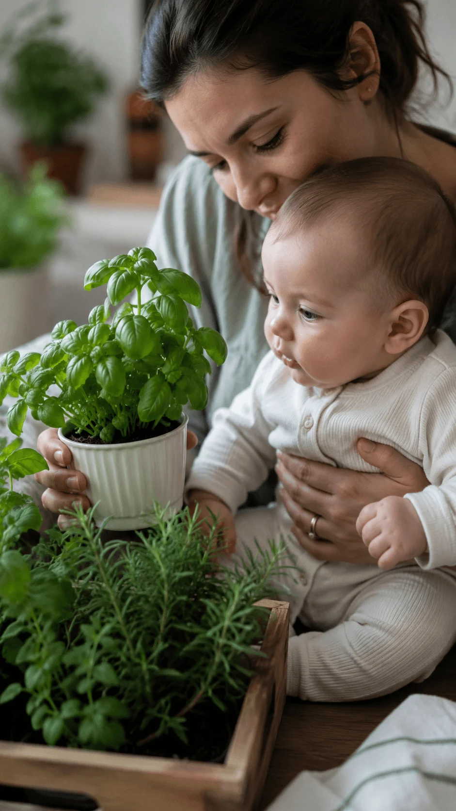 Mother introducing her baby to safe herbs and plants for a sensory smell activity
