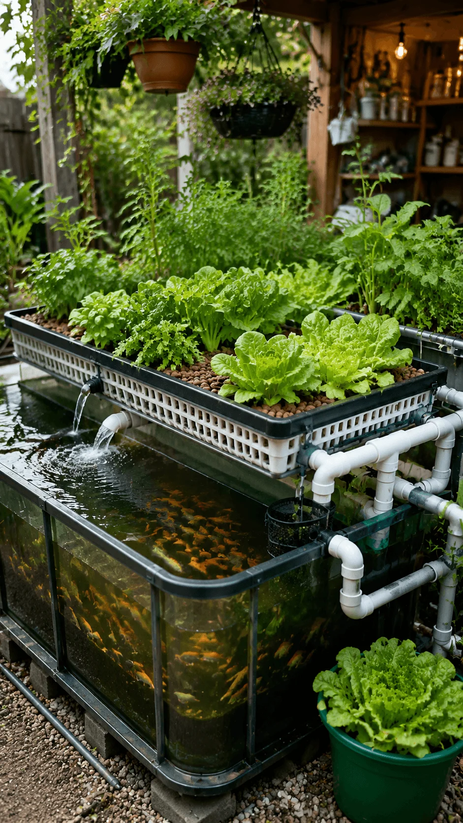 Backyard aquaponics system with fish tank and vegetable growing beds creating a sustainable food production setup with water recycling and organic gardening methods