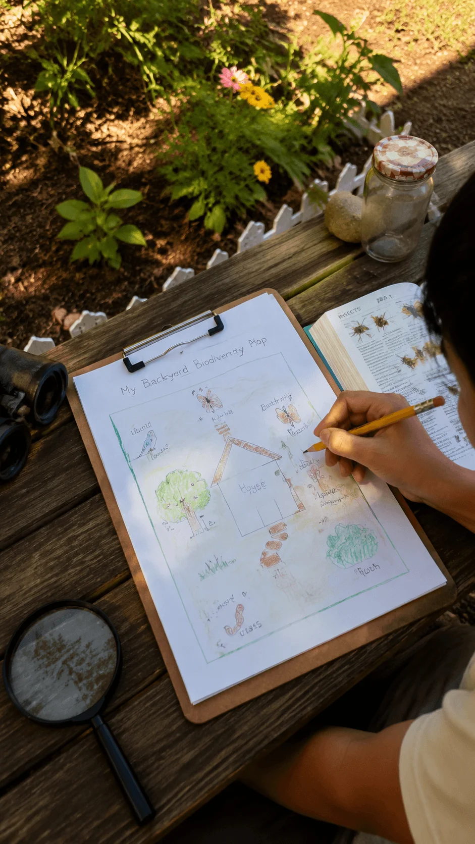 Child creating a backyard biodiversity map while observing plants and insects with nature study tools in a garden setting