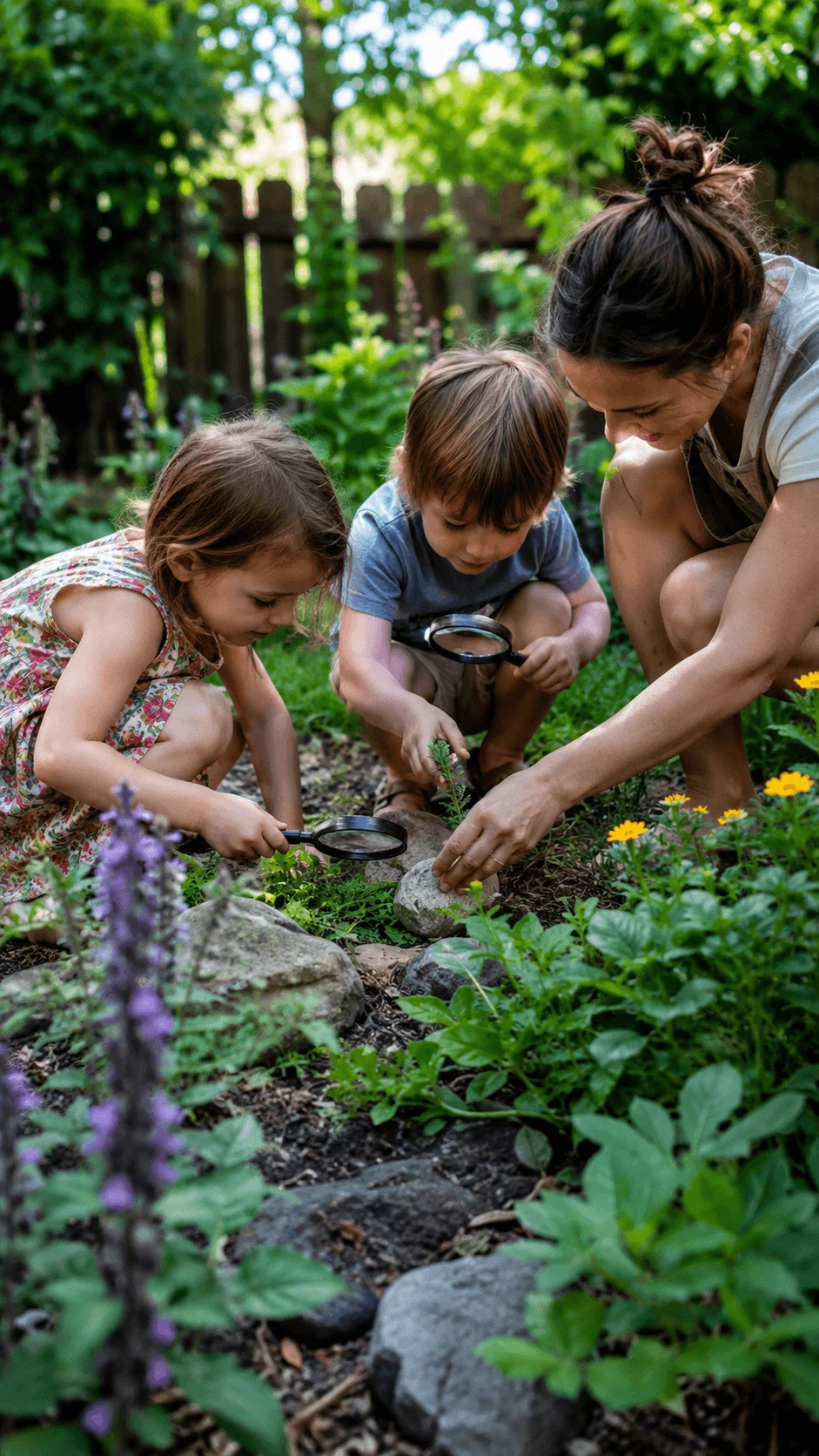 Children exploring backyard biodiversity with magnifying glasses while observing plants insects and natural elements in a garden environment