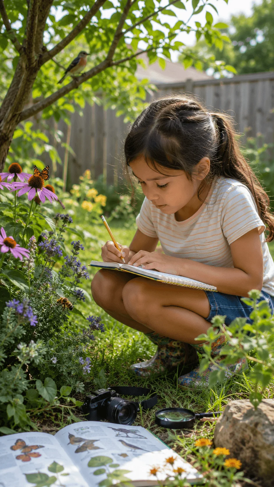 Child recording plants butterflies bees and birds during a backyard biodiversity survey in a garden