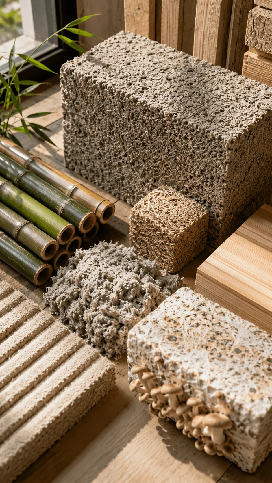 Bio based sustainable building materials including bamboo hemp insulation mushroom composite recycled fiber blocks natural timber and eco friendly construction materials for future sustainable ADU design