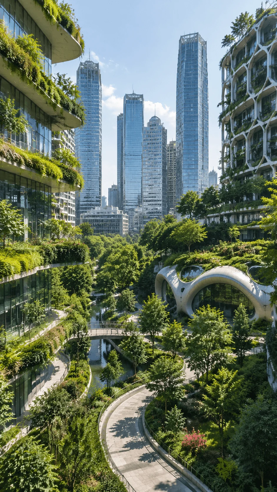 Bio inspired urban design featuring organic architecture green buildings lush landscapes natural waterways and nature inspired sustainable city planning integrated into a modern urban environment