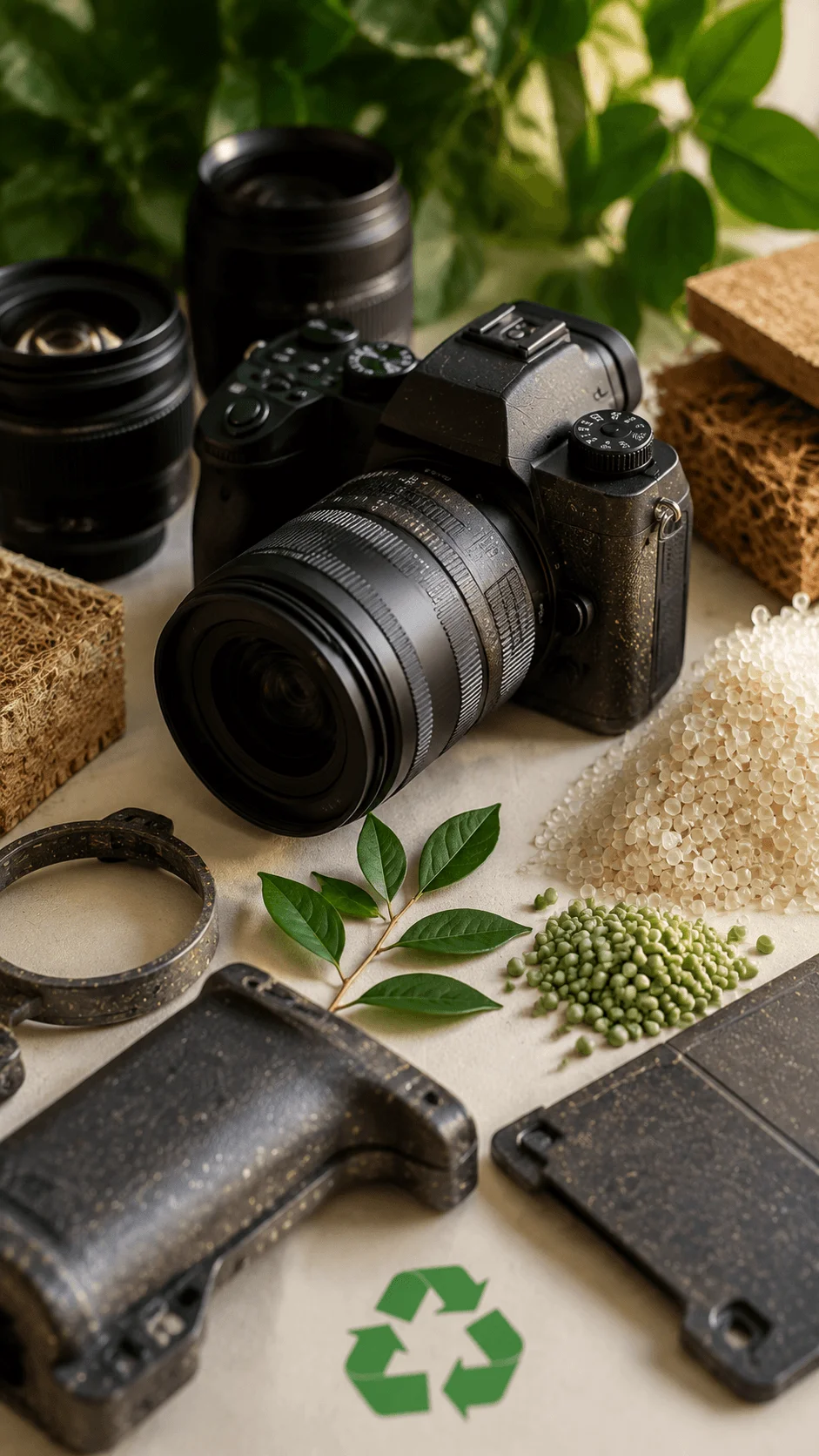 Black camera with eco friendly materials and recycled components displayed on a natural surface with green leaves and recycling symbol