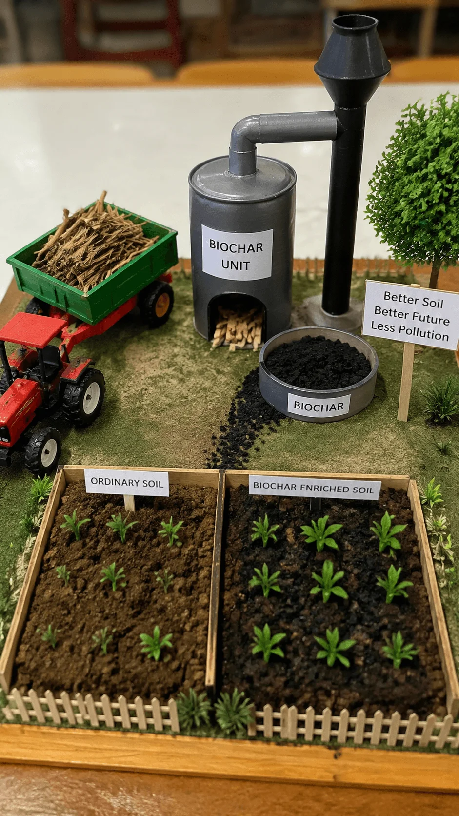 Biochar production model showing agricultural waste conversion into biochar with biochar unit and comparison of ordinary soil and biochar enriched soil for sustainable farming project