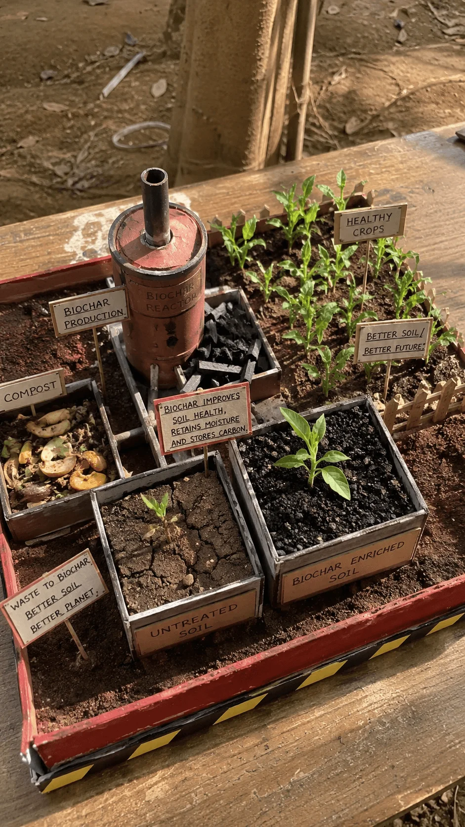 Biochar soil improvement model showing biochar production, composting, enriched soil, healthy crops, carbon storage, moisture retention, and sustainable soil restoration practices