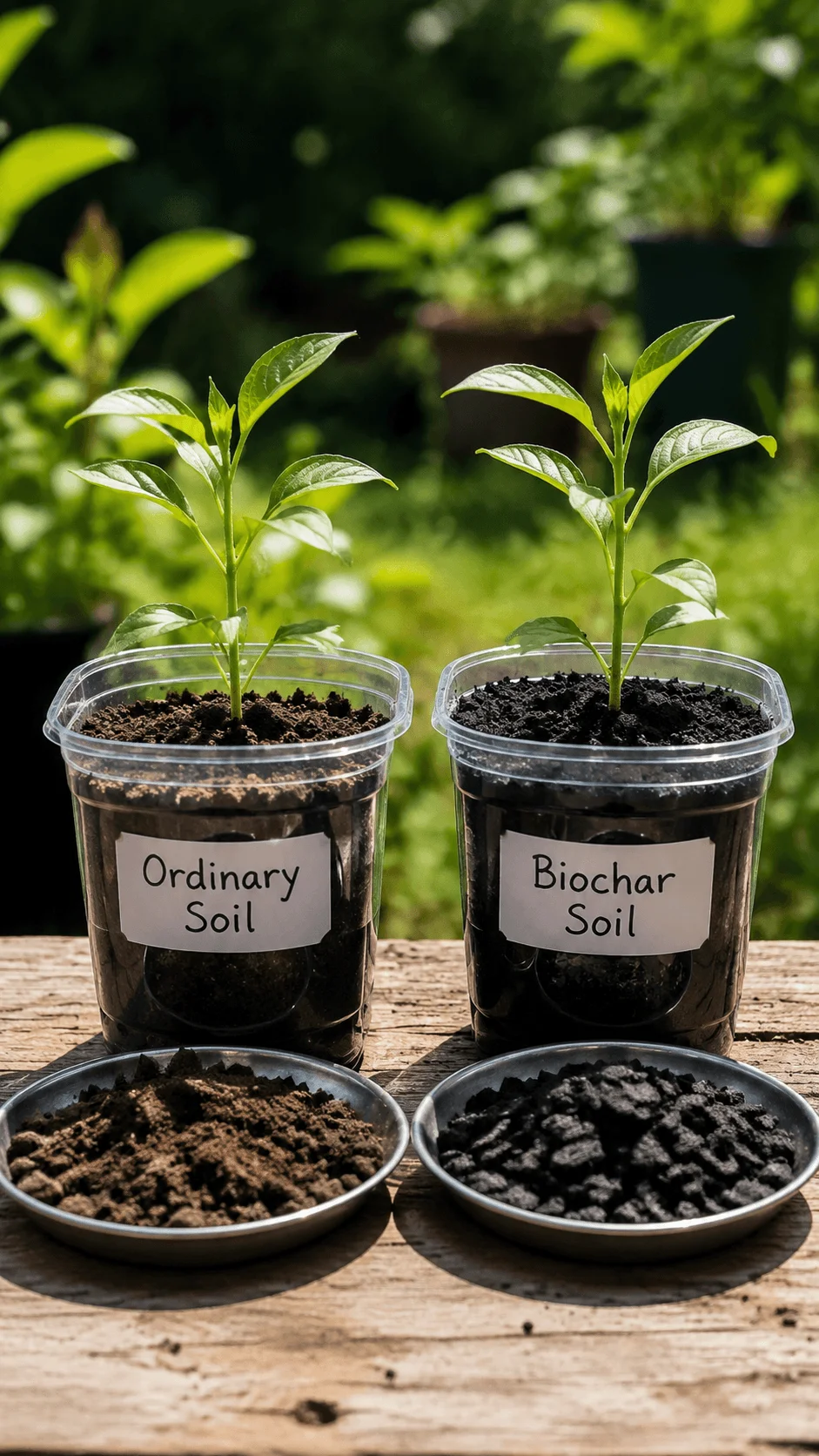 Biochar soil improvement project showing plants growing in ordinary soil and biochar enriched soil containers for comparing soil health, plant growth, and sustainable farming methods
