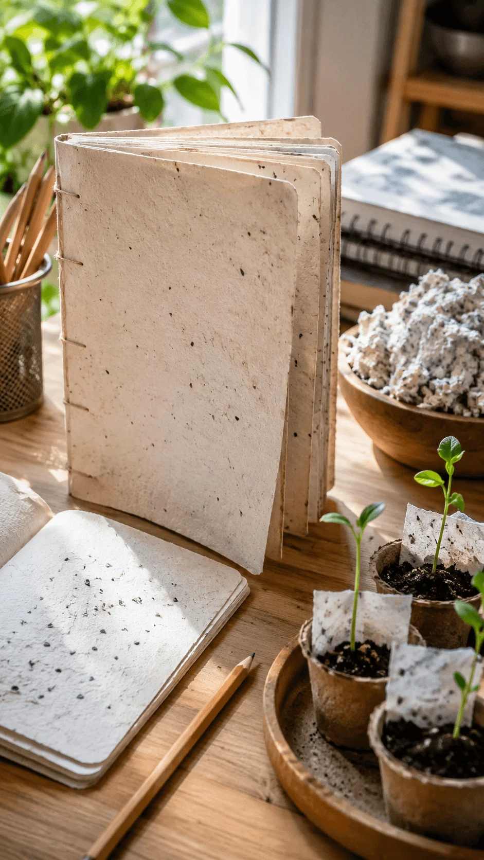 Biodegradable plantable notebook made from recycled paper with embedded seeds surrounded by young seedlings eco friendly stationery and sustainable gardening materials on a wooden desk