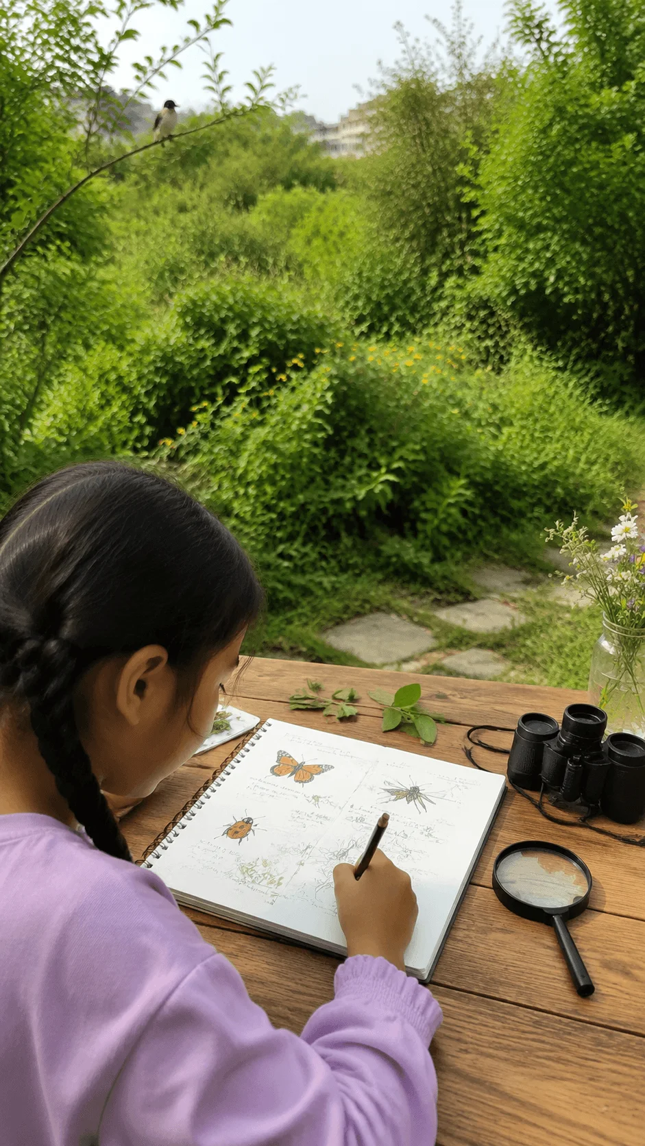 Child observing biodiversity in a garden while recording insects and plants in a nature journal with binoculars and magnifying glass for environmental learning