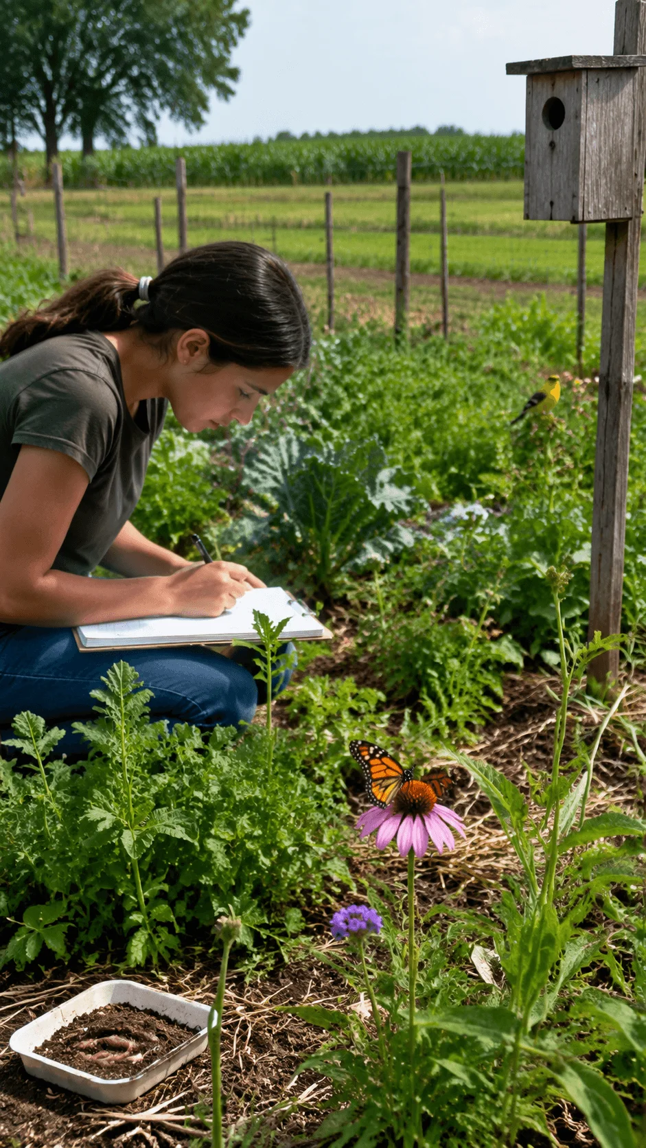 Biodiversity farm monitoring project showing a student observing and recording plants, insects, butterflies, and wildlife in a sustainable agricultural ecosystem with diverse crops and natural habitats