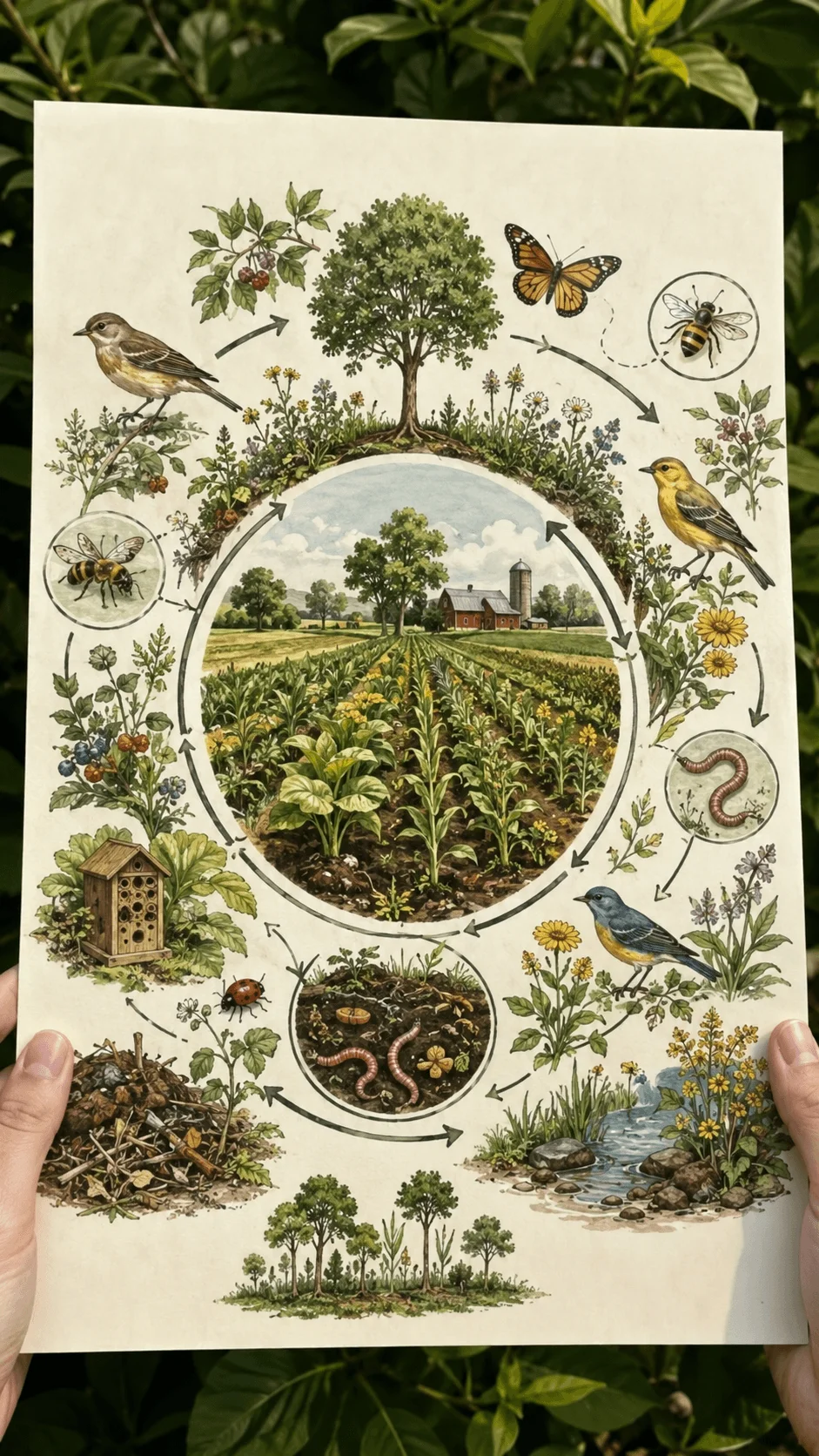 Biodiversity farming poster showing sustainable agriculture ecosystem with crops birds butterflies bees earthworms native plants and natural wildlife balance