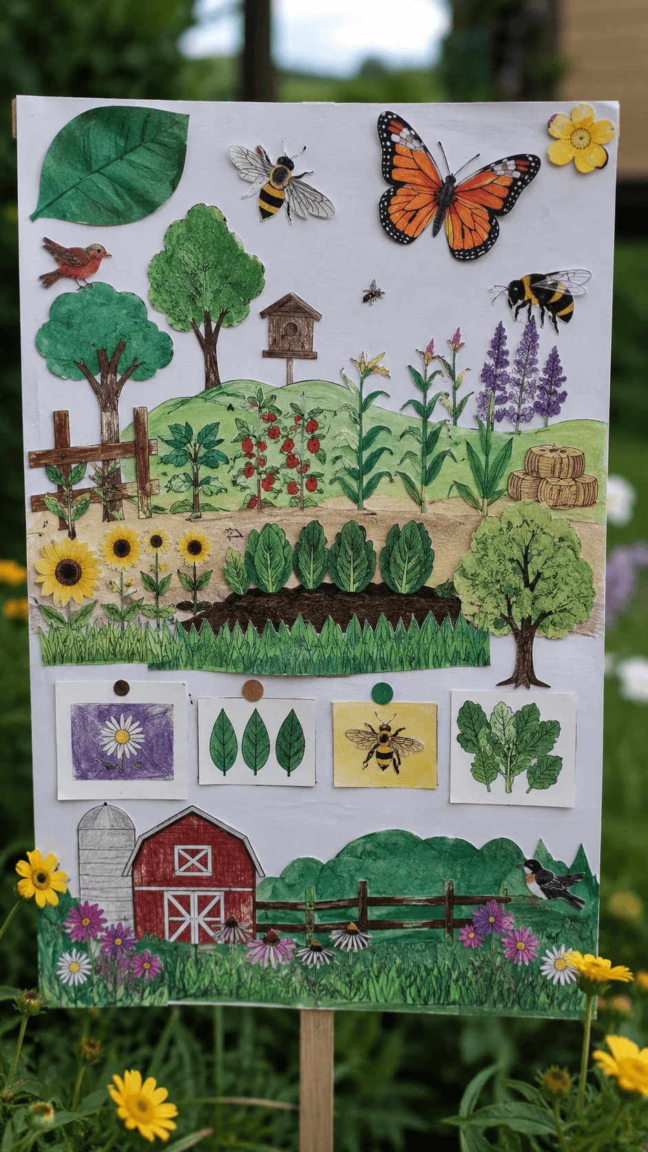 Biodiversity friendly farming poster showing a diverse ecosystem with crops, flowers, trees, bees, butterflies, birds, insects, and natural habitats supporting sustainable agriculture and wildlife protection