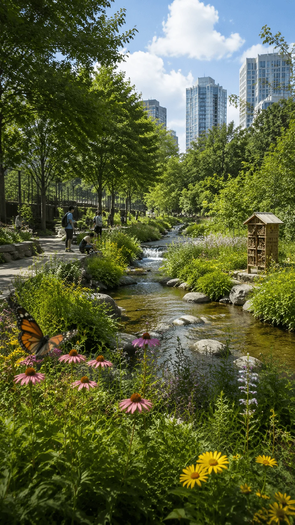 Biodiversity restoration urban park featuring native plants a natural stream wildlife habitat flowers trees and sustainable city greenery