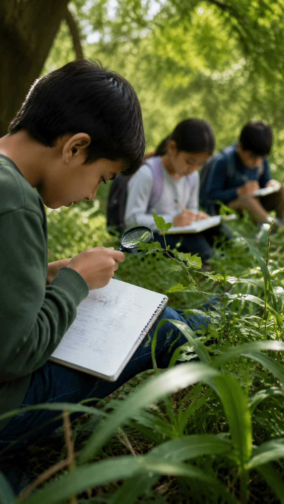 Students exploring biodiversity in nature using magnifying glasses and notebooks to observe plants and record environmental discoveries