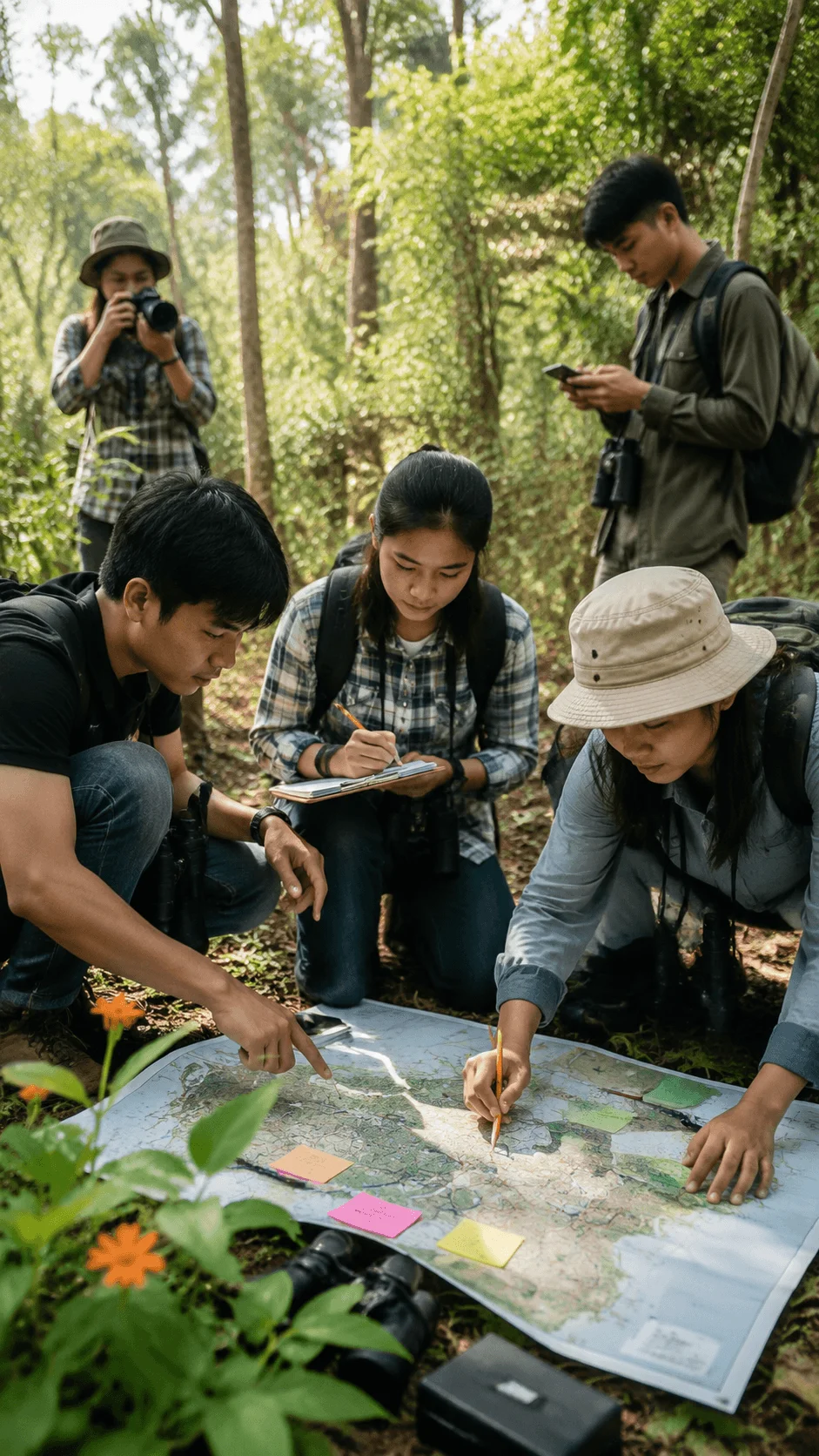Biodiversity mapping project showing community researchers collecting data in a forest area using maps, cameras, and field observations to document plants, wildlife, and local ecosystems for conservation efforts