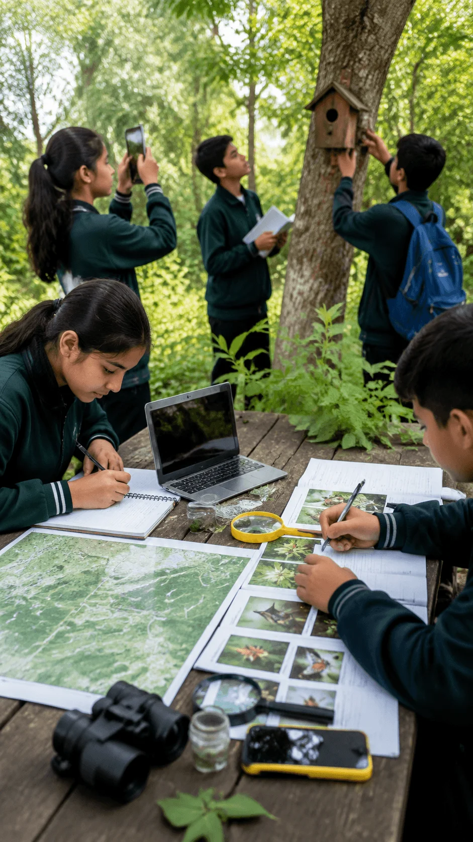 Students conducting biodiversity mapping and wildlife monitoring research in a forest with cameras, nature observations, maps, and environmental study materials