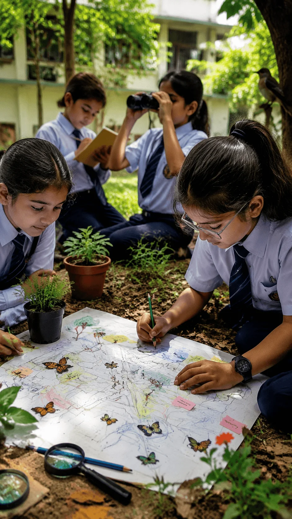 Students creating a biodiversity map at school by observing plants insects and wildlife with outdoor nature research activities