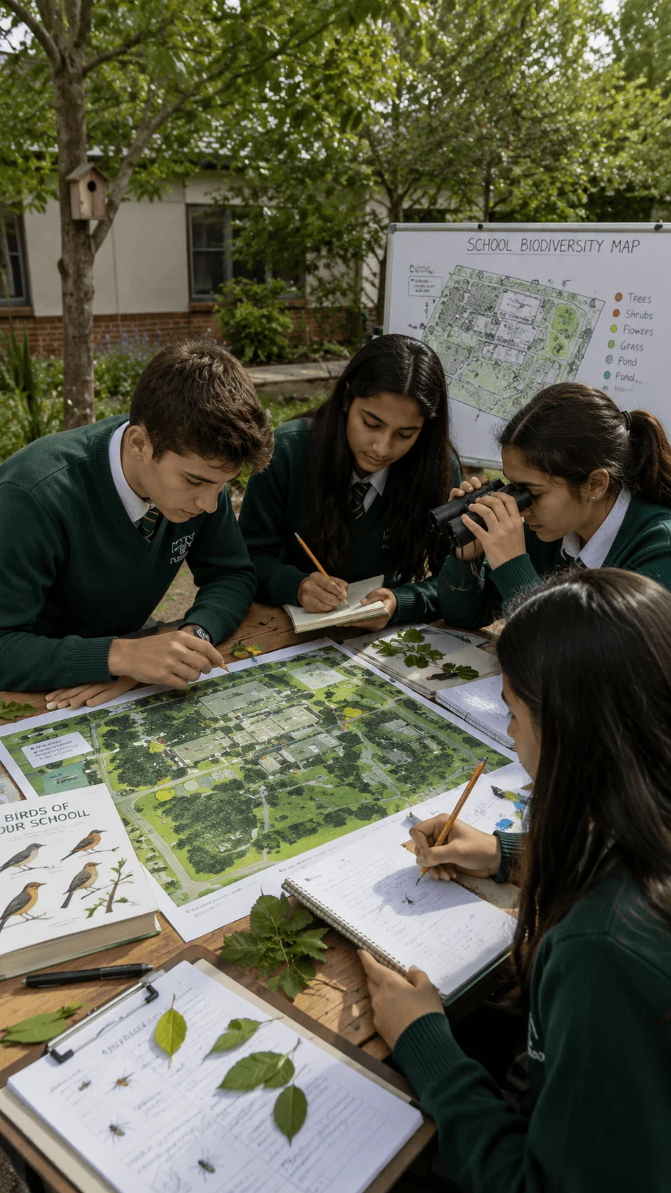 High school students mapping school biodiversity by observing plants, birds, and insects while recording findings and studying the campus ecosystem outdoors