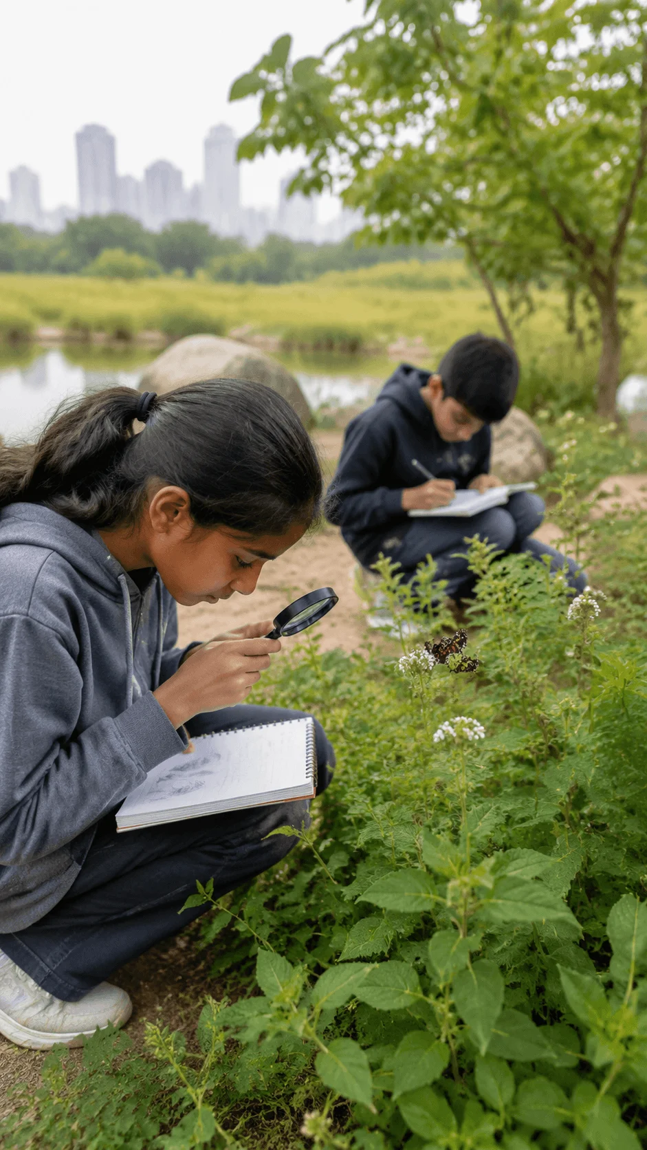 Students conducting a biodiversity observation project outdoors by examining plants insects and local wildlife while recording findings in field journals