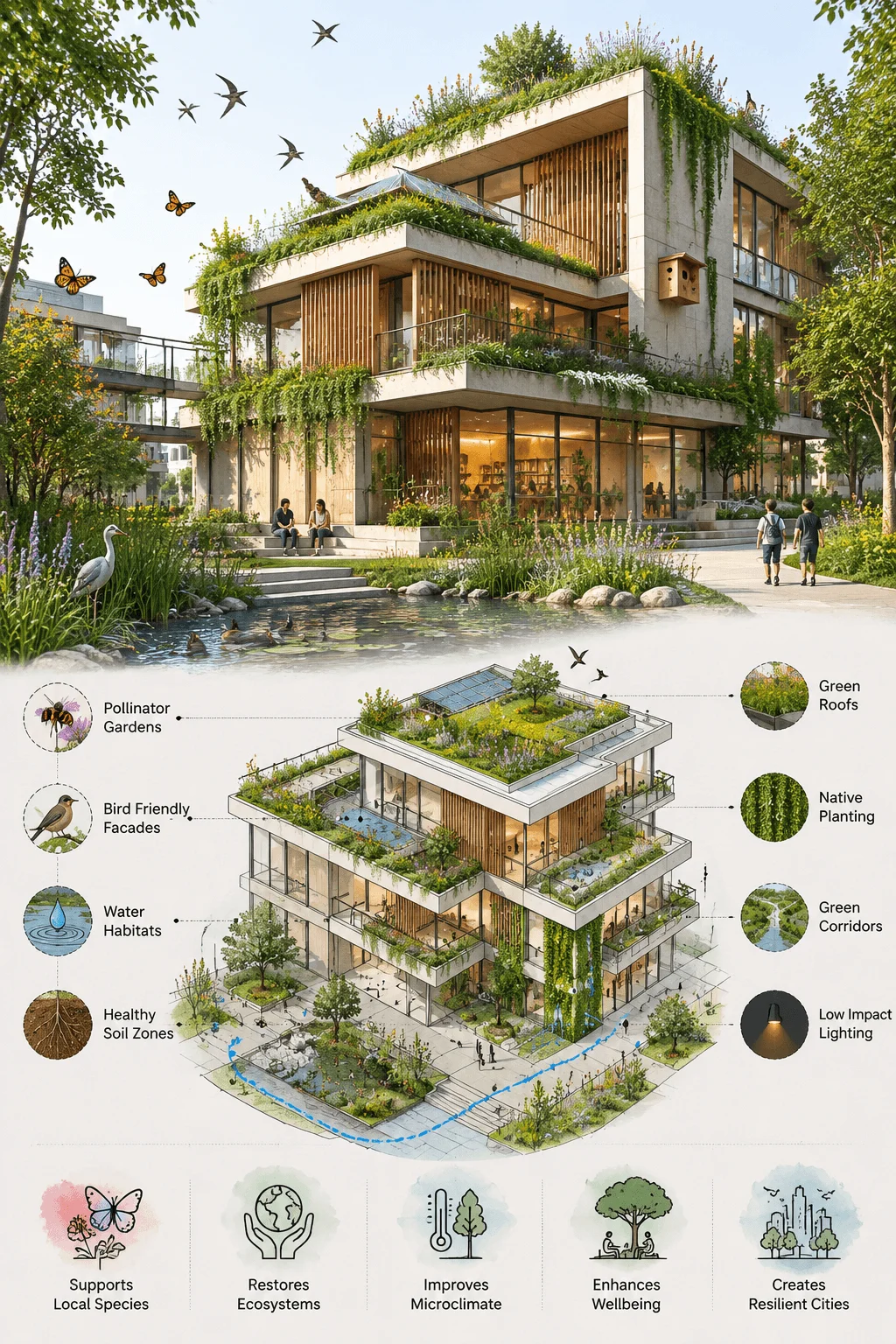 Biodiversity positive building diagram showing a sustainable building integrated with nature through green roofs, native planting, pollinator gardens, bird friendly facades, water habitats, healthy soil zones, green corridors, low impact lighting, and ecosystem supporting design strategies