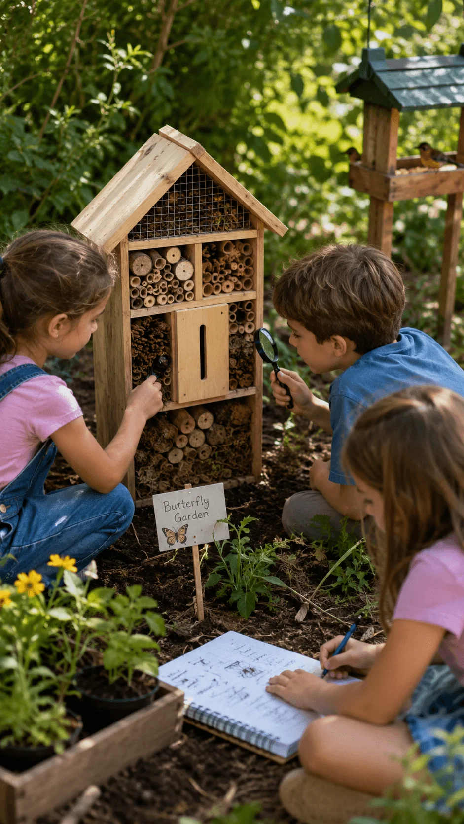 Children exploring a wooden insect house and learning about biodiversity conservation in a nature garden project