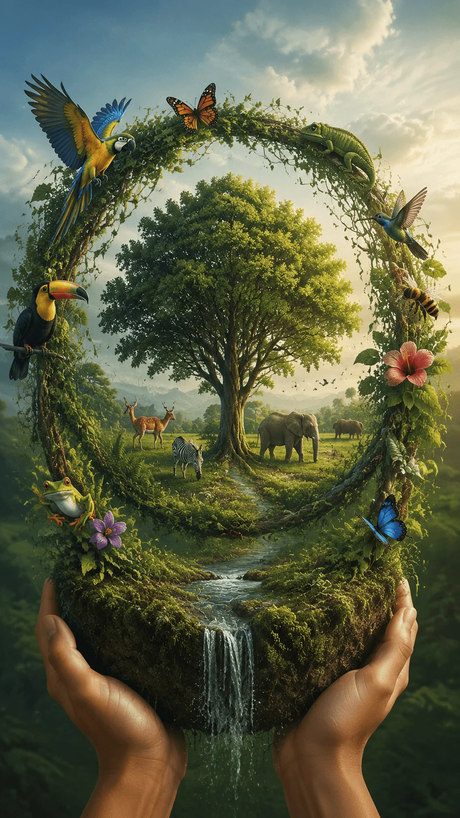 Biodiversity protection poster showing a rich natural ecosystem with diverse wildlife, birds, butterflies, insects, trees, plants, flowing water, and hands holding a thriving green habitat representing conservation and protection of Earth’s biodiversity