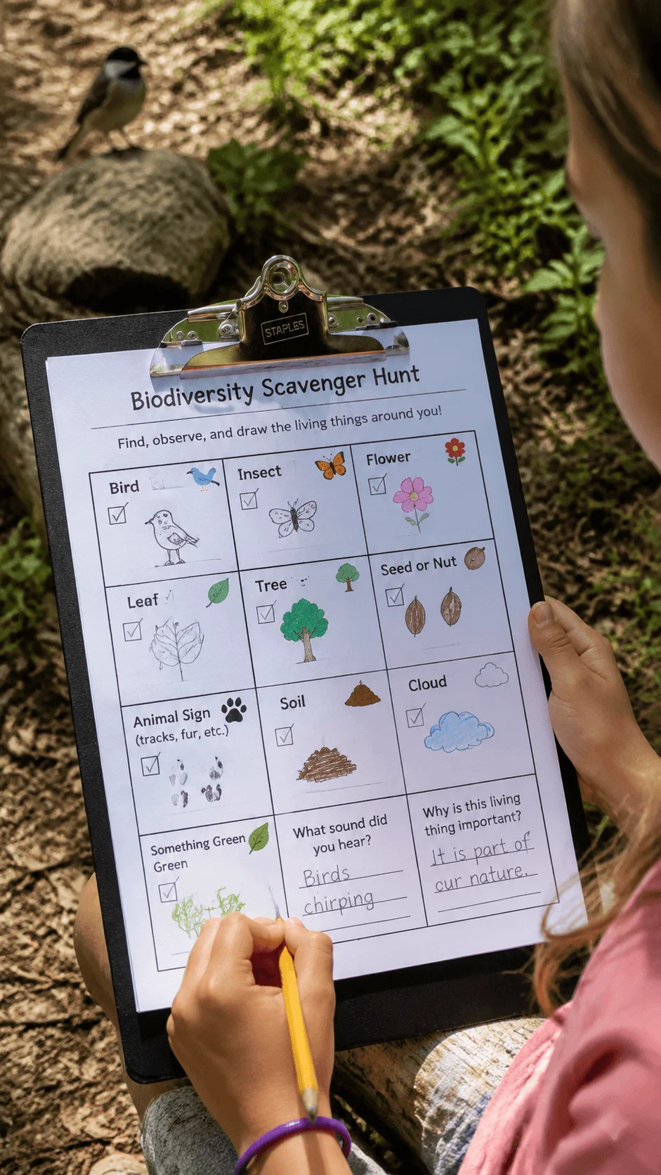 Child completing a biodiversity scavenger hunt worksheet outdoors while observing nature with a clipboard showing birds insects flowers leaves trees soil and other environmental discoveries in a garden setting