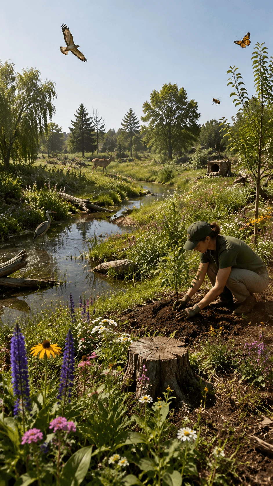 Biodiversity and rewilding cover design showing a restored natural ecosystem with native plants, wildflowers, trees, wildlife, birds, insects, a flowing stream, and a person planting vegetation to support nature recovery and environmental balance