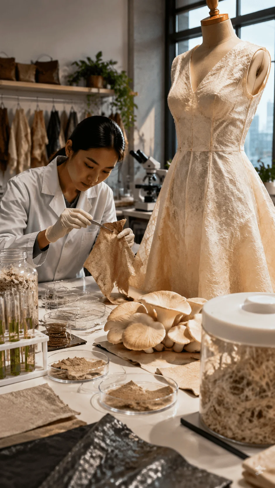 Biofabricated fashion materials showing a scientist developing sustainable textiles from biological sources with mushroom based materials, eco friendly fabric samples, and innovative clothing research in a laboratory setting