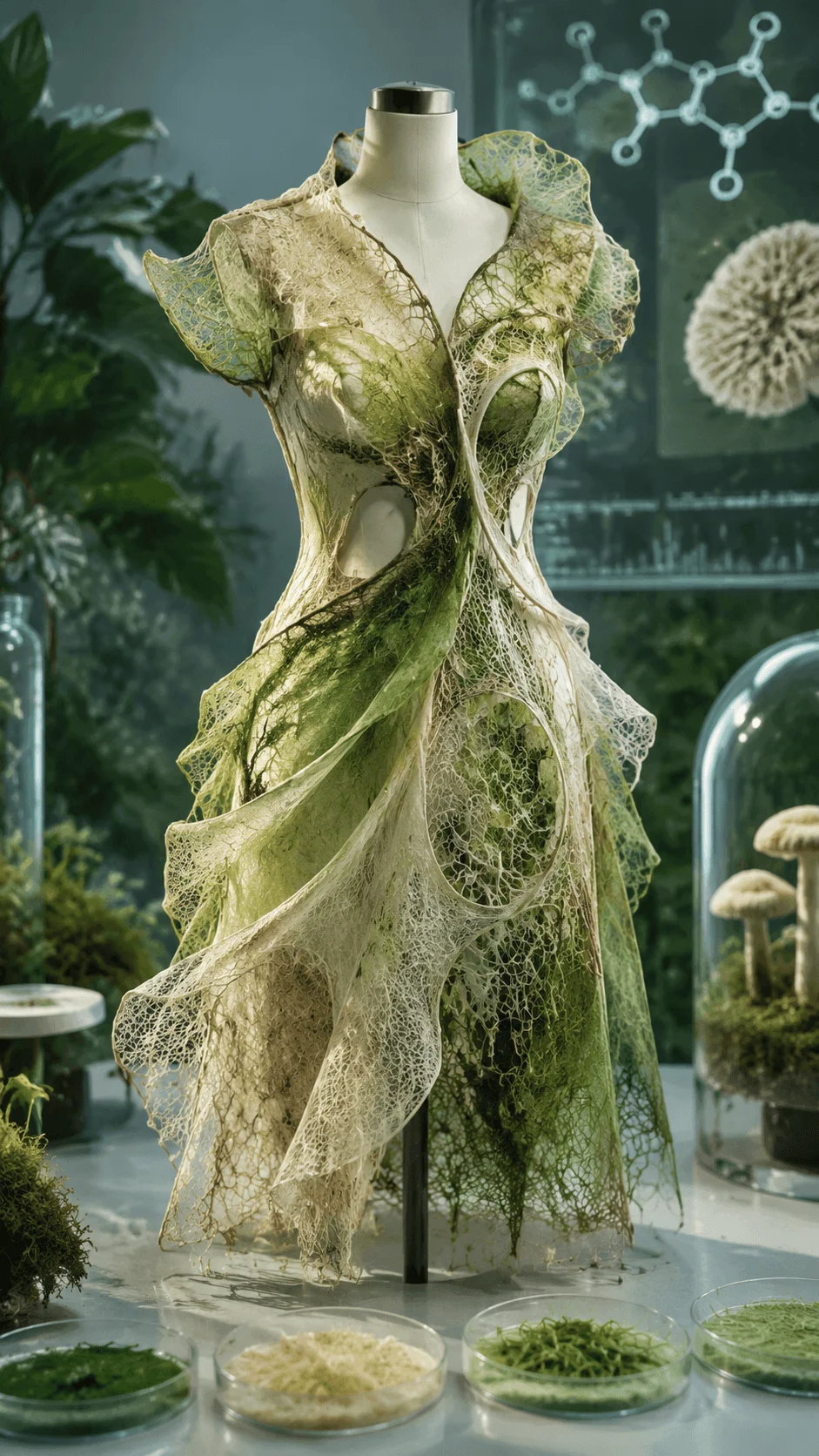 Biofabricated fashion poster showing a futuristic sustainable garment made from organic materials with laboratory elements, plant based textiles, scientific research visuals, and innovative textile design representing the future of eco friendly fashion technology