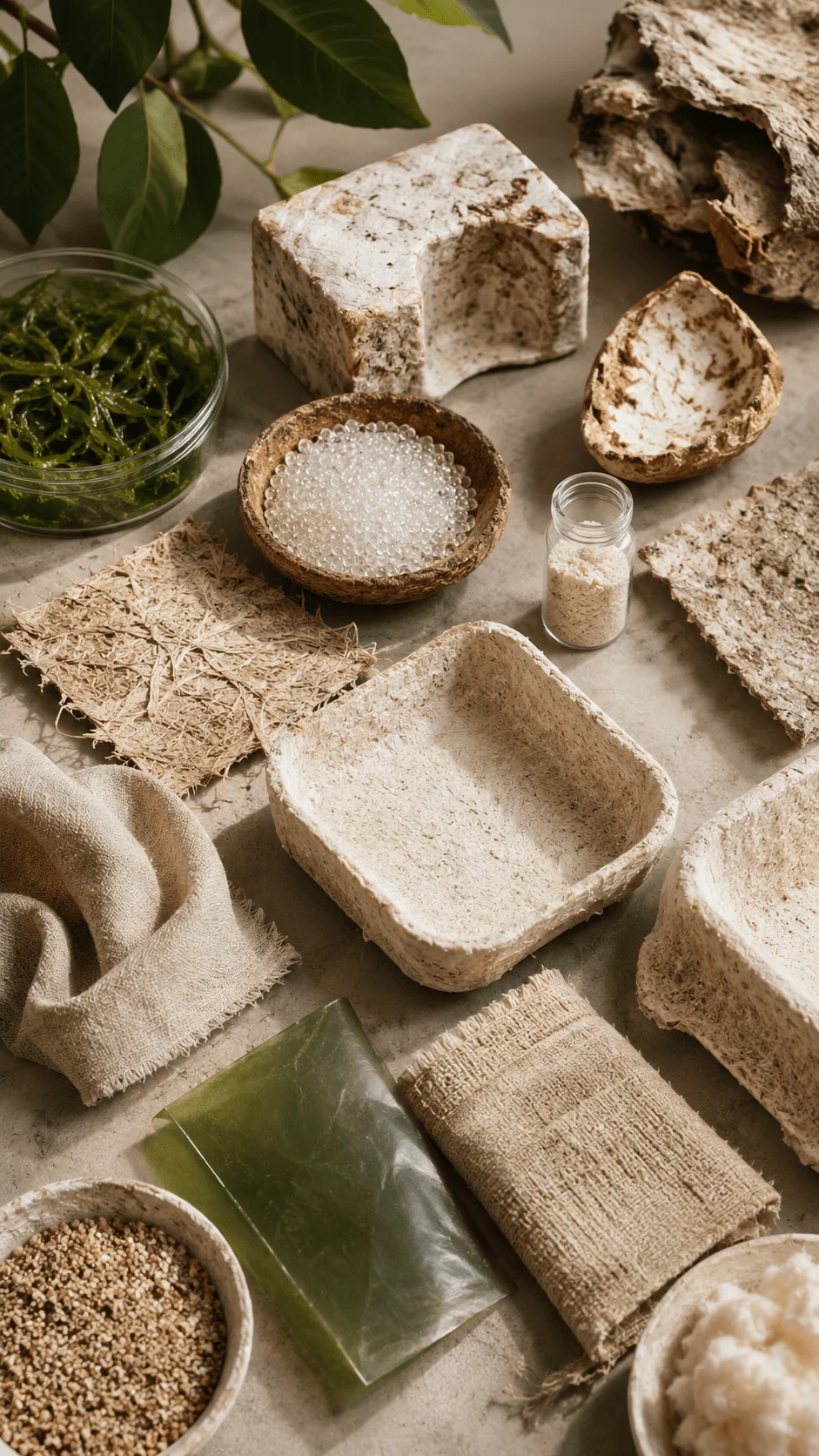 Biomaterial sustainable product design concepts featuring natural materials eco friendly packaging biodegradable products seaweed fibers recycled textures and innovative green material solutions