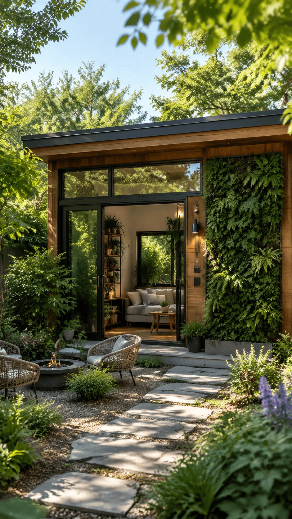 Biophilic sustainable ADU surrounded by lush gardens living green wall natural wood exterior large glass doors abundant daylight outdoor seating and seamless connection between modern living and nature