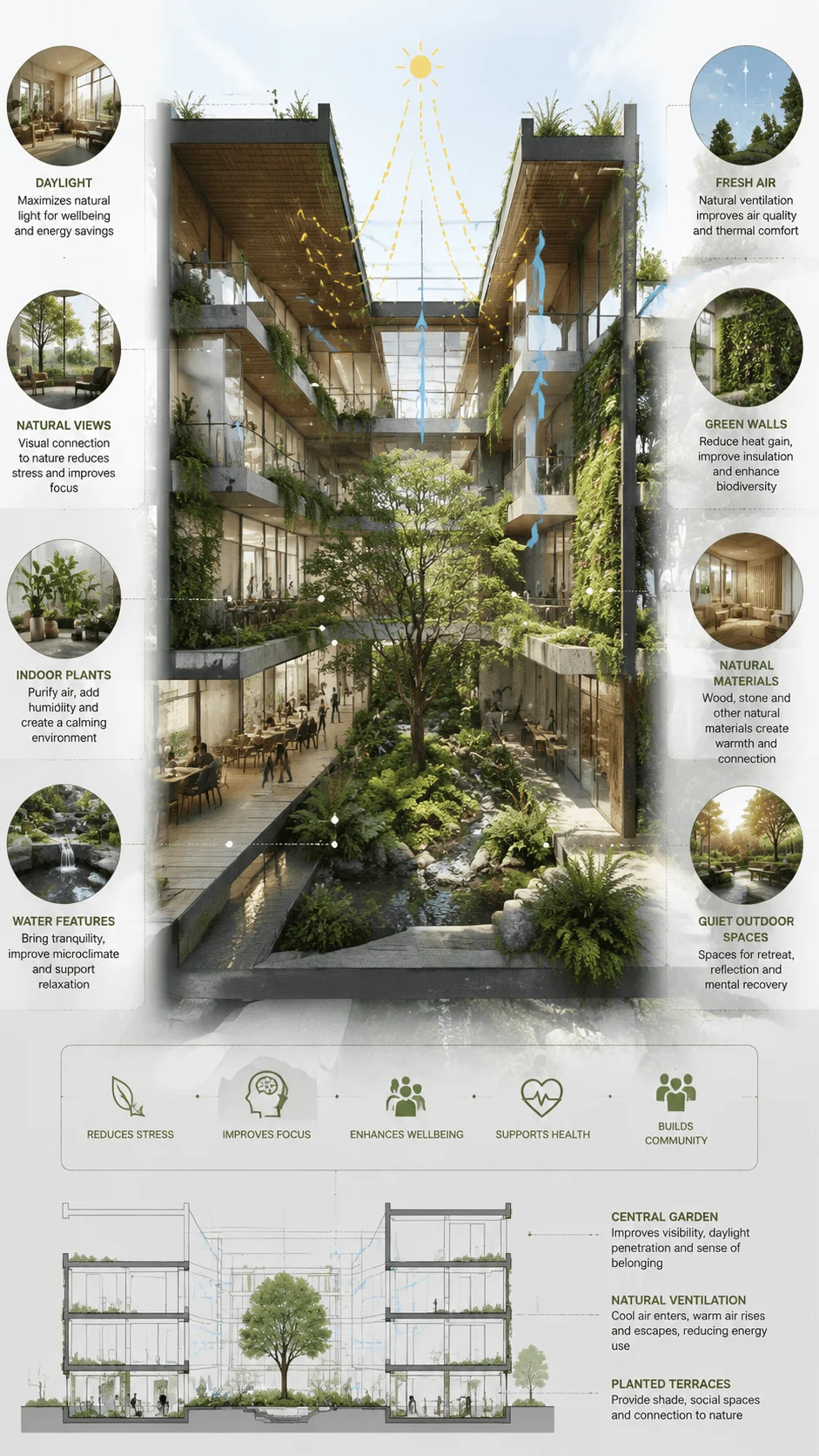 Biophilic architecture concept diagram showing a nature integrated building with central gardens, daylight, natural ventilation, green walls, indoor plants, water features, natural materials, outdoor spaces, and wellness focused sustainable design strategies