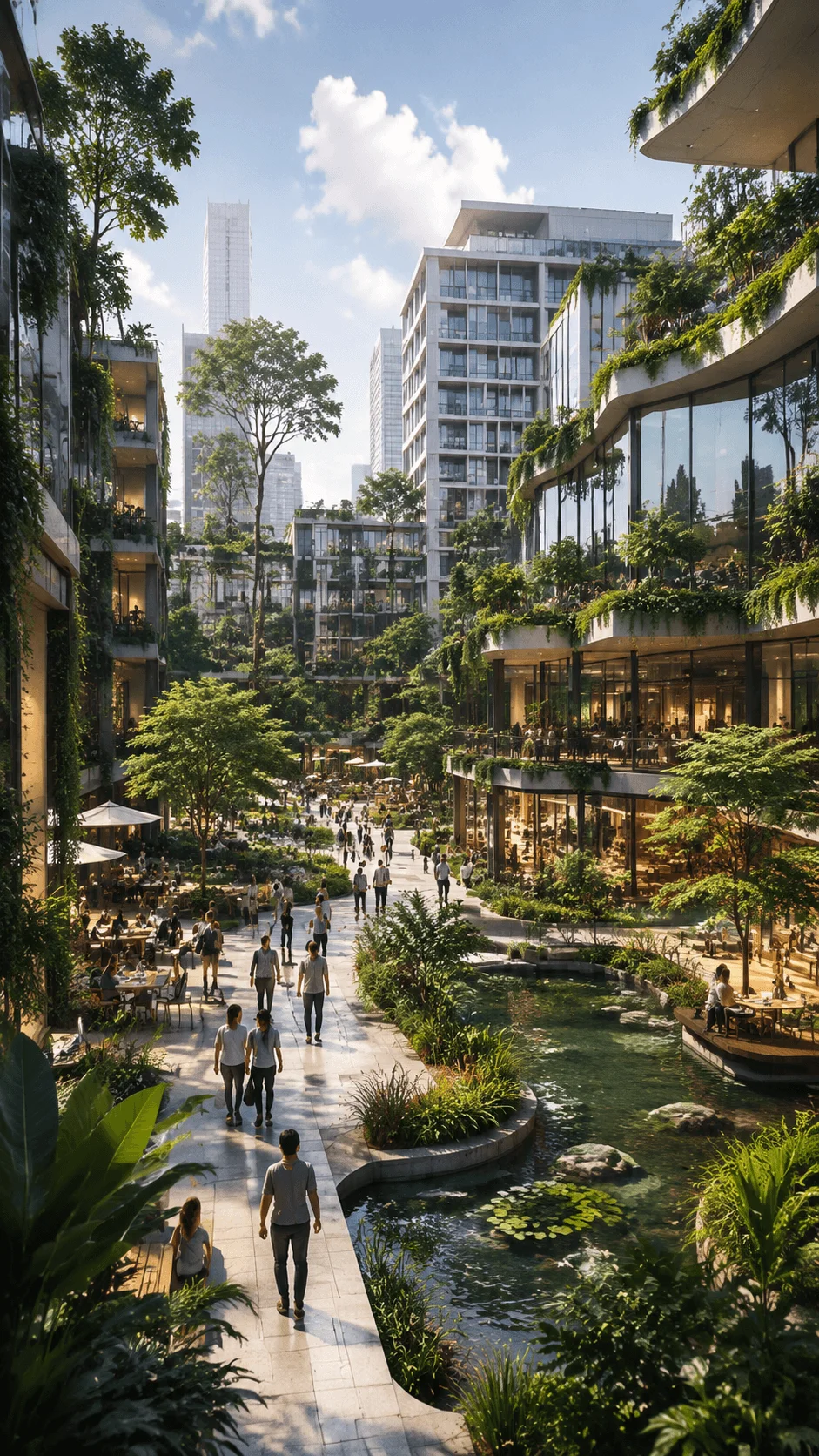 Biophilic city with lush green architecture natural water features tree lined walkways outdoor public spaces and modern buildings seamlessly integrated with nature for healthy sustainable urban living