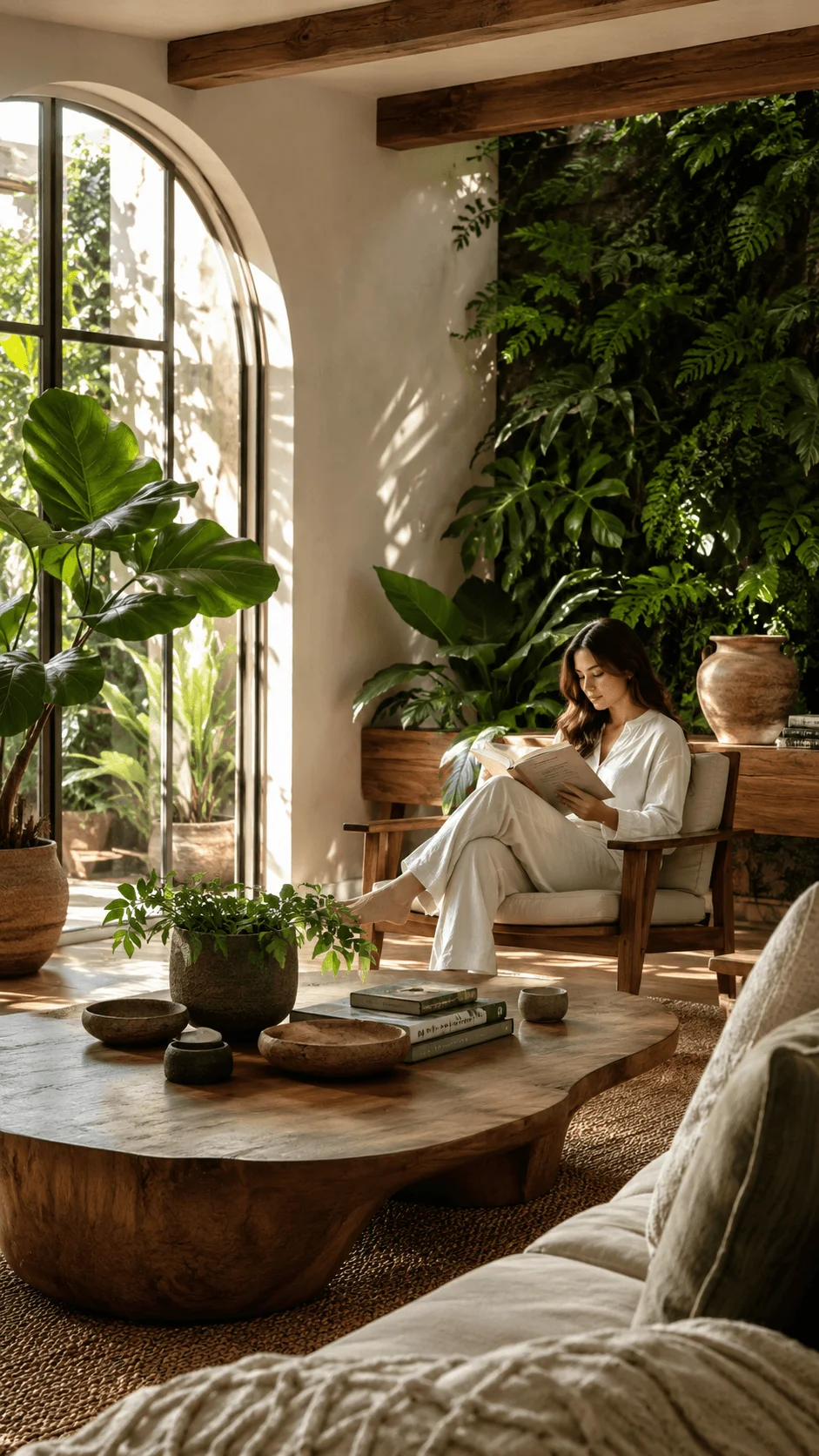 Biophilic design photography featuring a natural living space with indoor plants, wooden furniture, sunlight, organic textures, and a peaceful connection between home architecture and nature.