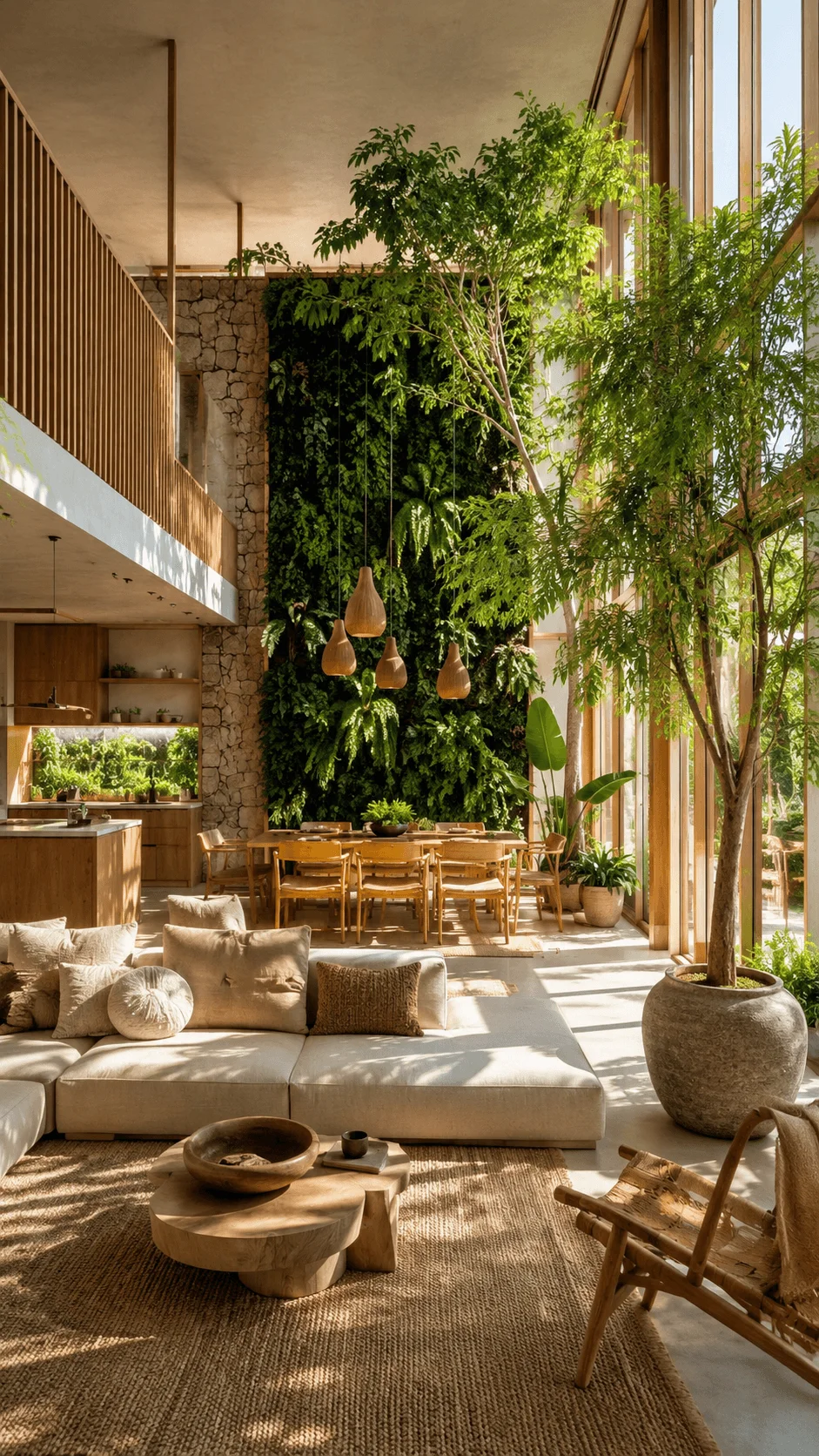 Biophilic home design interior with lush green plants, natural wood furniture, stone textures, large windows, and a peaceful sustainable living space connected with nature