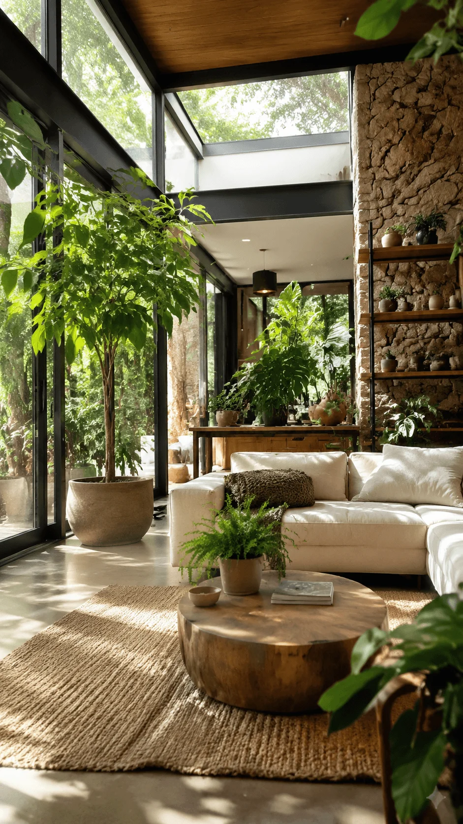 Biophilic interior design featuring a nature inspired living room with abundant indoor plants, natural light, wooden elements, stone textures, and sustainable organic home decor