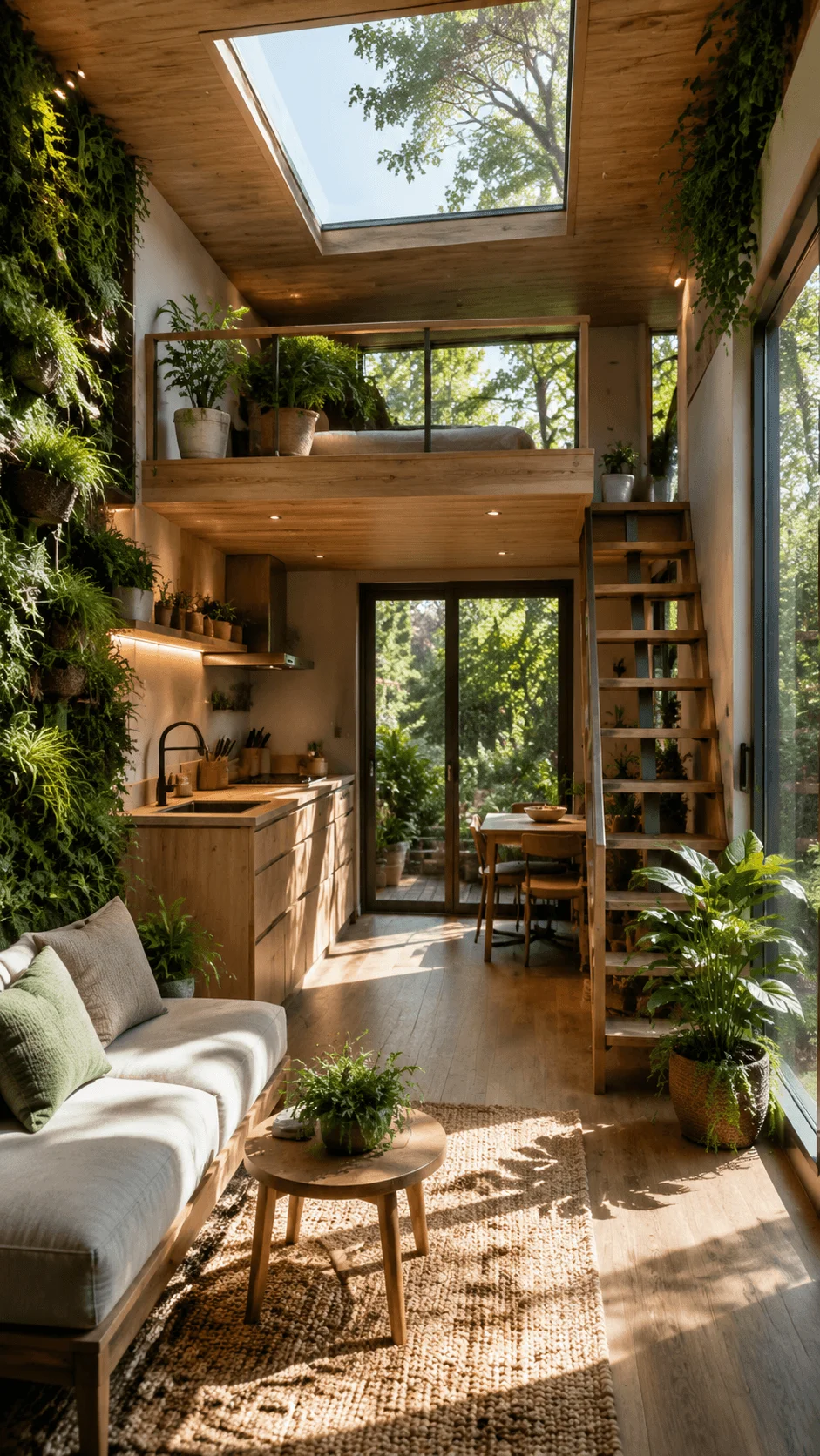 Biophilic interior design in a sustainable mini house featuring indoor plants natural wood elements skylight and a nature inspired living space