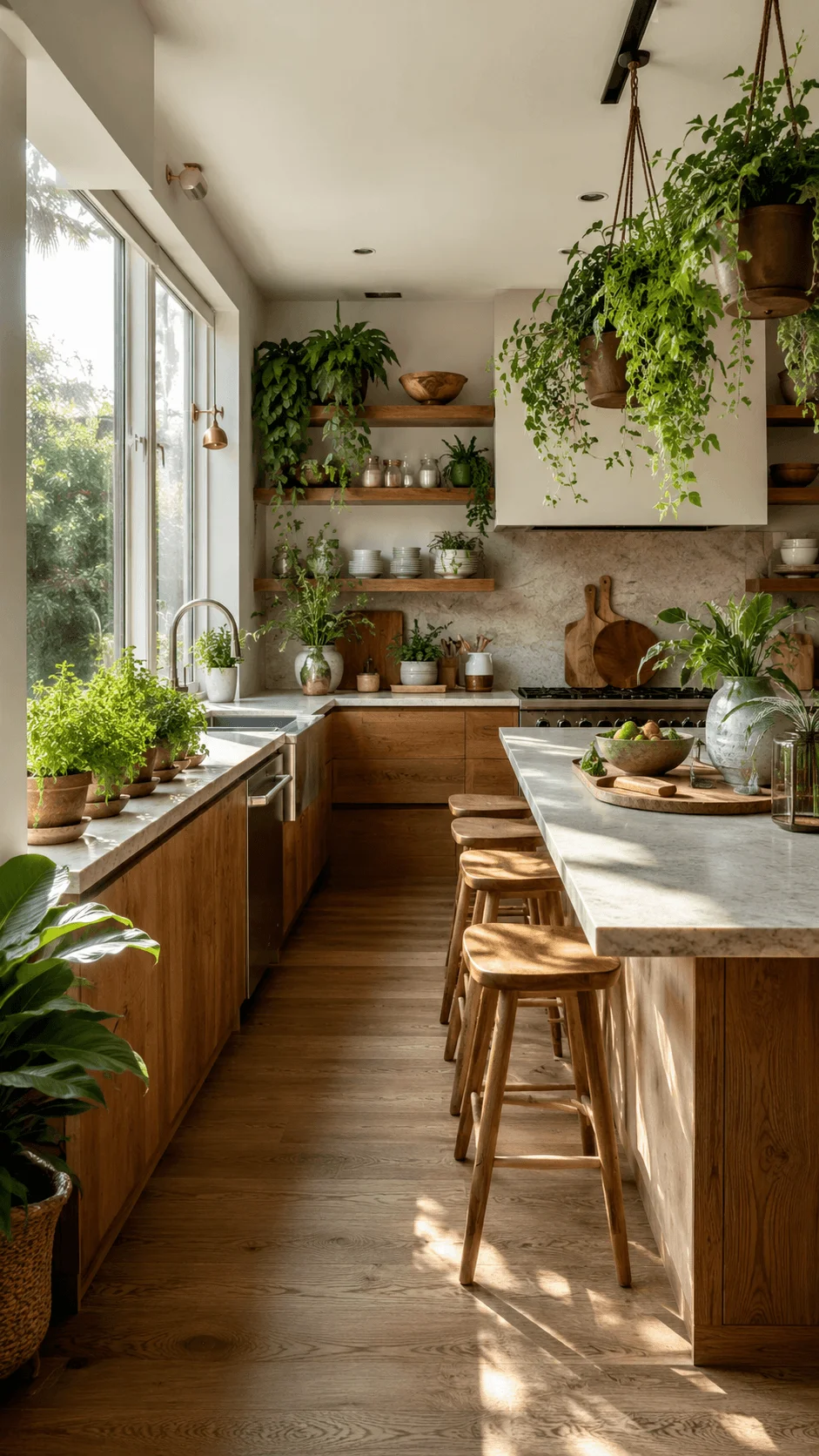 Biophilic kitchen design with natural wood cabinets, indoor plants, hanging greenery, open shelves, stone countertops, and warm sunlight creating a nature inspired sustainable living space