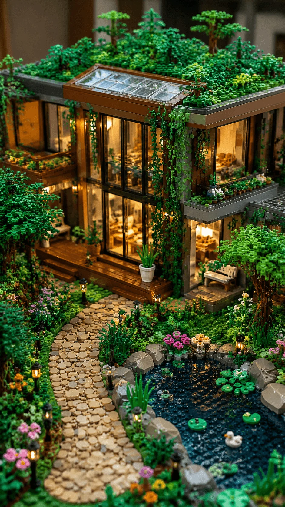 Realistic LEGO biophilic house with green roof indoor plants vertical vines garden pathway pond trees and nature inspired sustainable architecture design