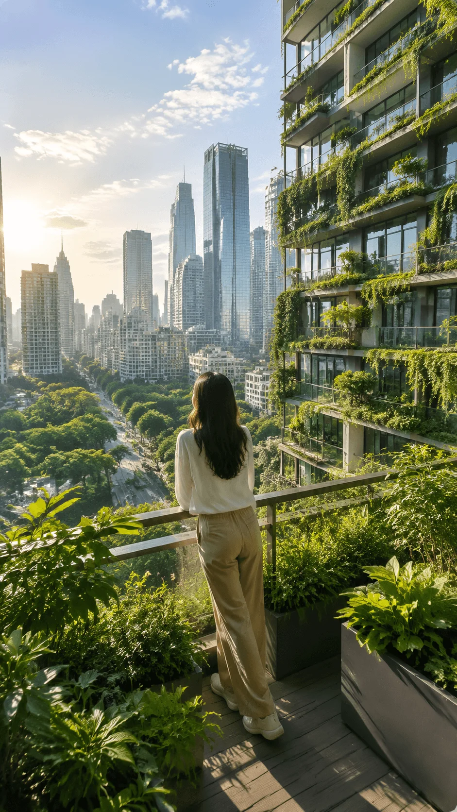 Biophilic landscape in a modern city with green rooftop gardens, plant covered buildings, urban skyline, balcony plants, and a person viewing a sustainable nature inspired city environment