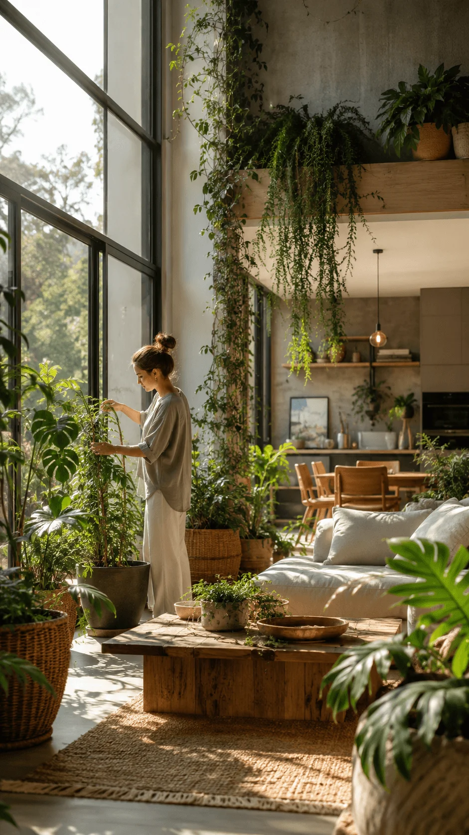 Biophilic living poster aesthetic featuring a peaceful modern home filled with lush indoor plants, natural light, wooden textures, and a person caring for greenery in a nature inspired interior space
