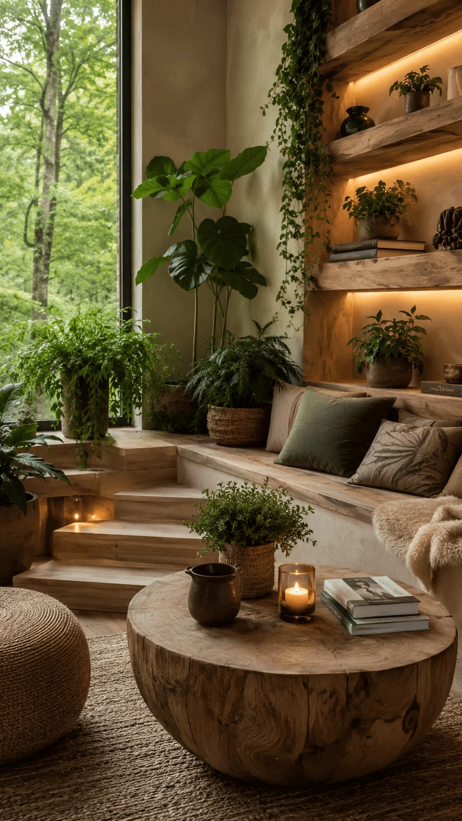 Biophilic living room with indoor plants wooden furniture natural textures and warm lighting creating a peaceful nature inspired sustainable space